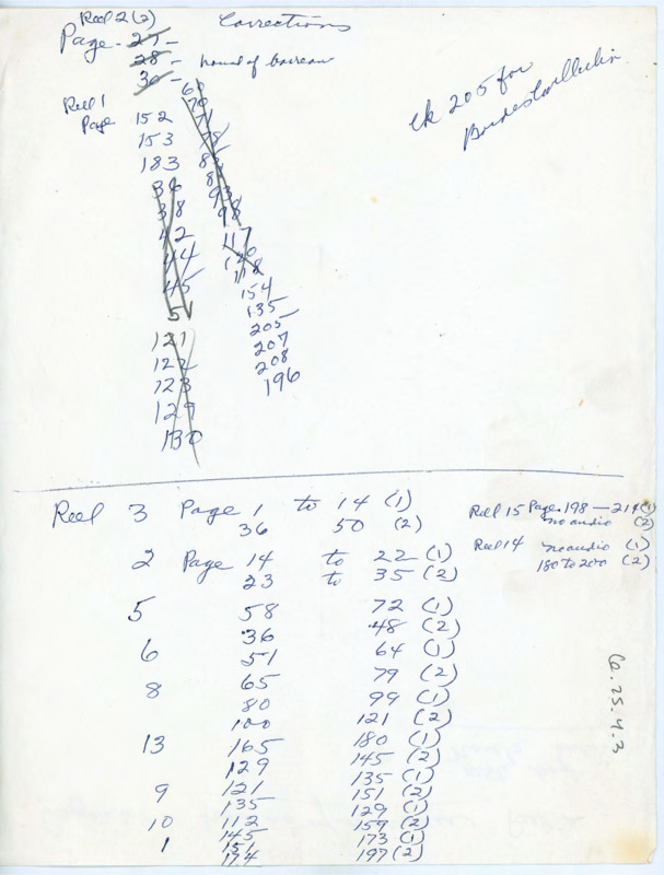 Handwritten list of reel and page numbers for the Les Eyzies conference film and transcript.