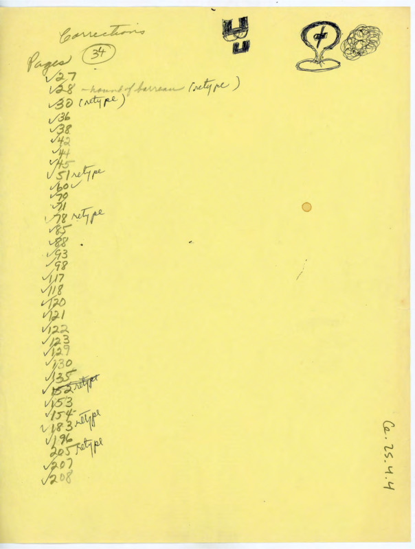 Handwritten list of page numbers in the Les Eyzies conference transcript that need edits.