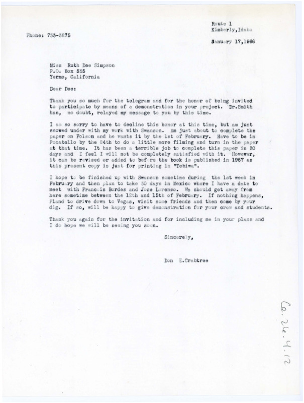 Letter from Don Crabtree to Ruth Dee Simpson politely declining her offer to participate in a demonstration for her project; he is too busy to travel at the moment.