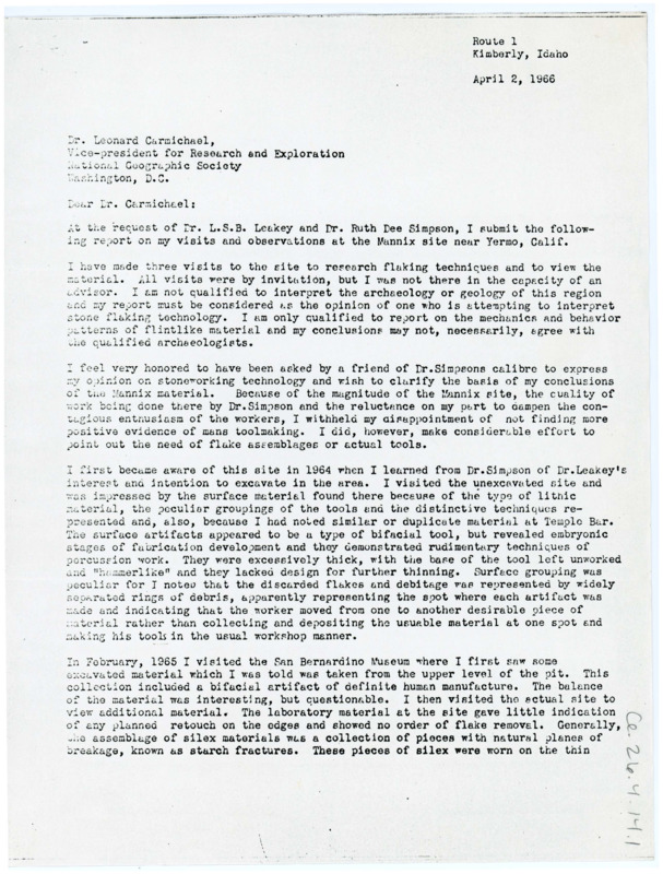 Copy of a letter from Don Crabtree Leonard Carmichael where Crabtree reports on his visits and observations at the Mannix Site. He concludes that he is unable to definitively confirm the artefacts found that as man-made or of natural origin.