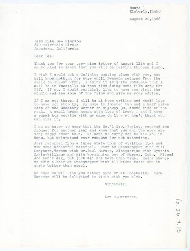 Letter from Don Crabtree to Ruth Dee Simpson congratulating her for her project's scholarship extension. He also tentatively makes plans to meet with her at a later date.