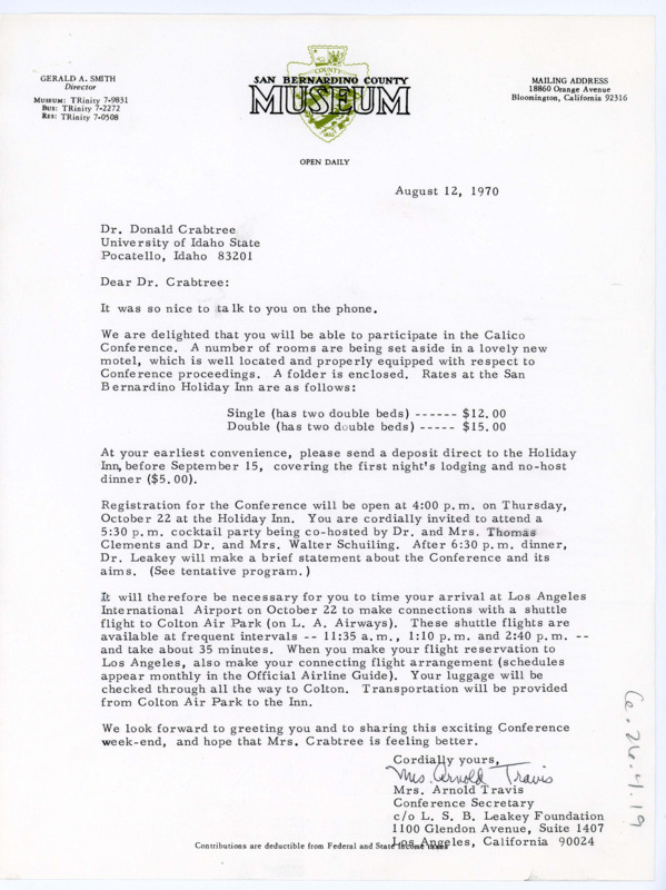 Letter from Mrs. Arnold Travis to Don Crabtree regarding the fees associated with attending the Calico Conference, including lodging and registration.