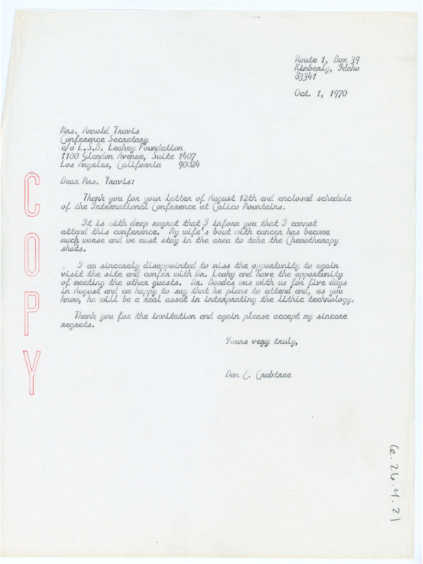 Letter from Don Crabtree to Mrs. Arnold Travis politely declining an invitation to the upcoming Calico Conference; he is concerned for his wife's health and must stay with her.