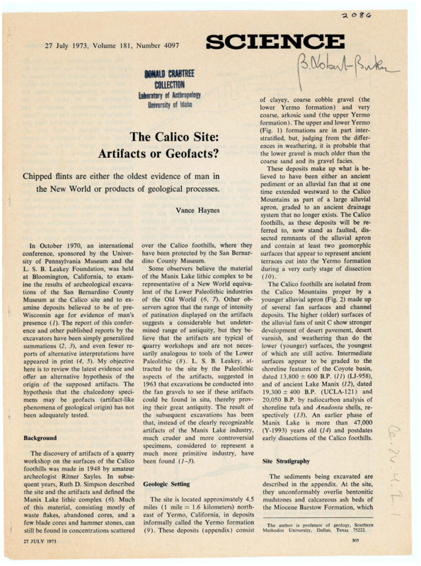 A newspaper article regarding debate on the origin of the artifacts found at the Calico site. The article explains the background and findings of the site, and attempts to characterize the lithic specimens there as either man-made or naturally-formed. The article is cut off.