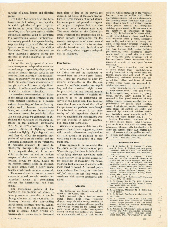 A newspaper article regarding debate on the origin of the artifacts found at the Calico site. The article explains the background and findings of the site, and attempts to characterize the lithic specimens there as either man-made or naturally-formed. The article is cut off. Attached is a note from Ruth Dee Simpson asking for Don Crabtree's help determining the artifact origins.