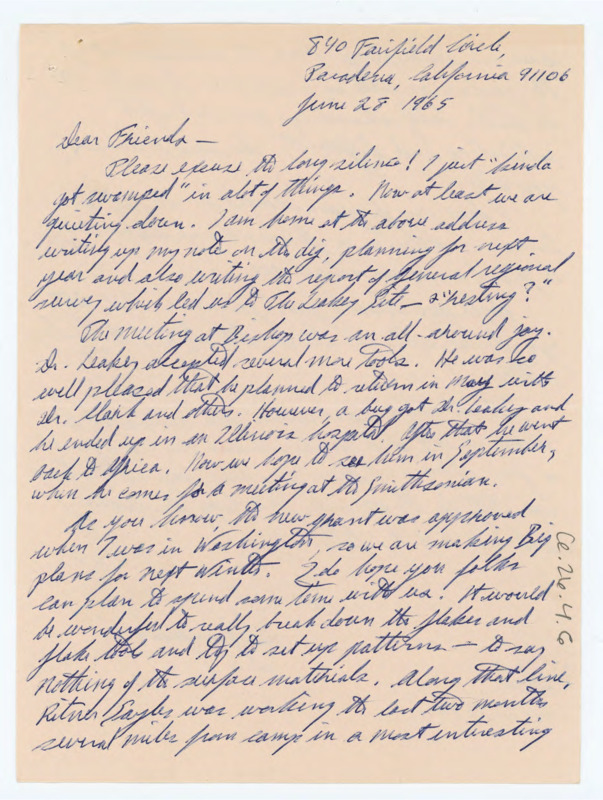 Handwritten letter from Ruth Dee Simpson to Don Crabtree regarding her return home and recent successes in the Calico project and excavation.