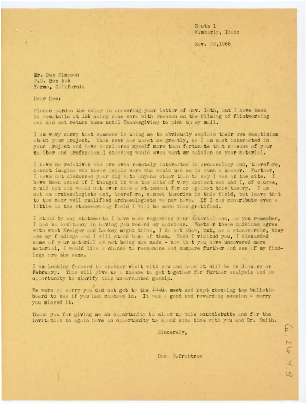 A copy of a letter from Don Crabtree to Ruth Dee Simpson