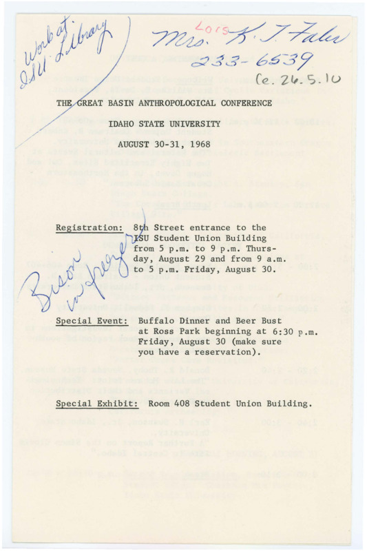 A program for the Great Basin Anthropological Conference of 1968. Included are an RSVP and a schedule of events. The program is annotated in blue ink.