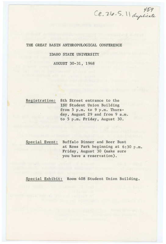 A duplicate of a program for the Great Basin Anthropological Conference of 1968. Included are an RSVP and a schedule of events.