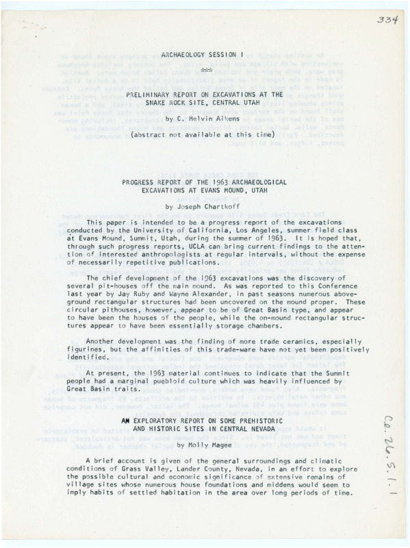 A list of reports from various archaeologists and lithic scientists on various sites throughout the western United States titled Archaeology Session 1. There are two copies.