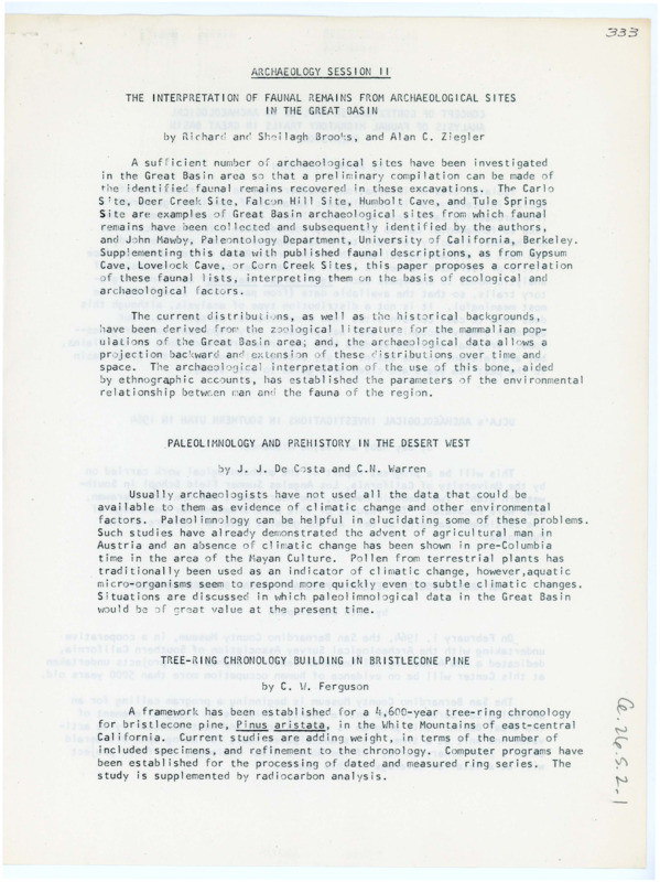 A list of reports from various archaeologists and lithic scientists on various sites throughout the western United States titled Archaeology Session 2. There are two copies.