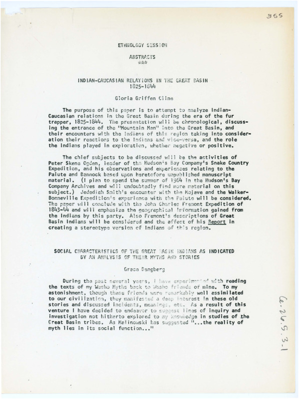 A list of reports from anthropologists exploring the culture of the pre-settlement western United States titled Ethnology Session.