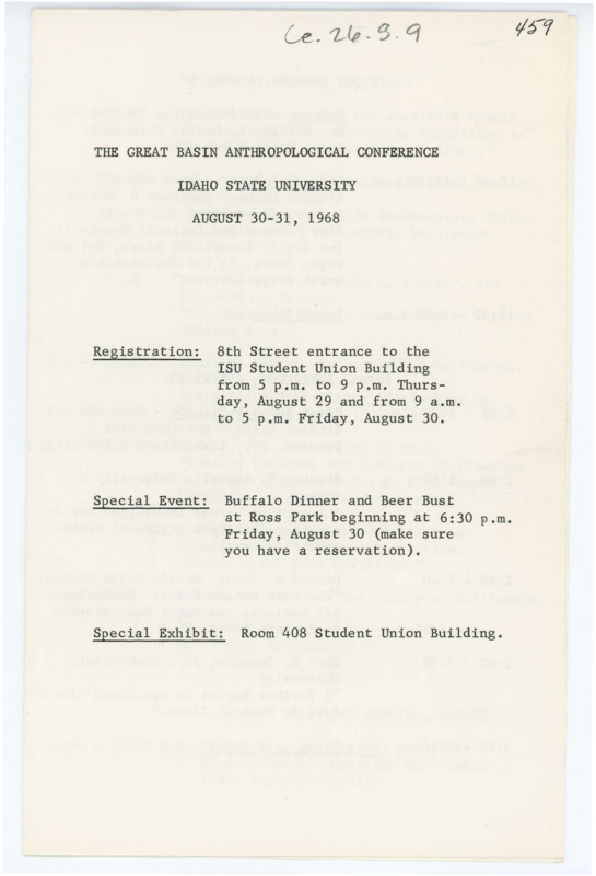 A program for the Great Basin Anthropological Conference of 1968. Included are an RSVP and a schedule of events. The program is annotated in blue ink.