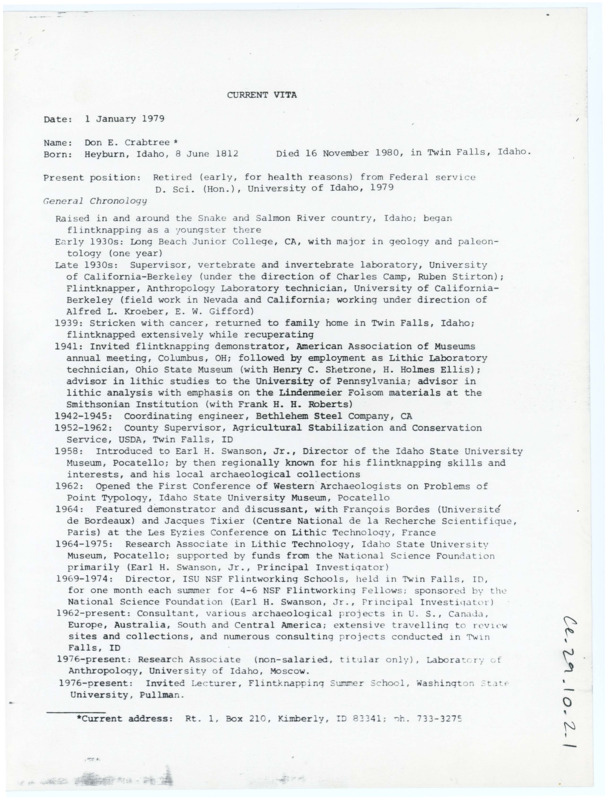 Typewritten vita for Donald E. Crabtree including a short biography, his previous work experience, his publications and films, and his lectures.