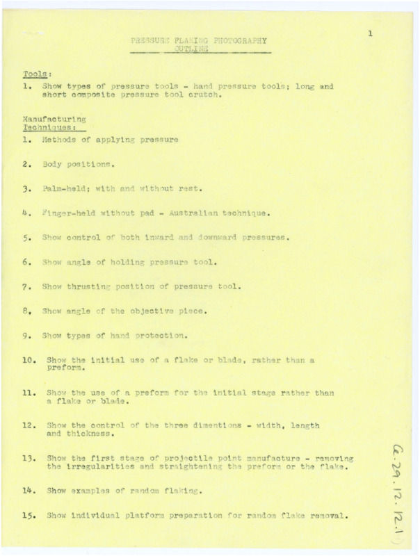 Typewritten outline of film planning for Pressure Flaking Photography.