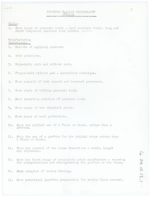 Typewritten outline of film planning for Pressure Flaking Photography.