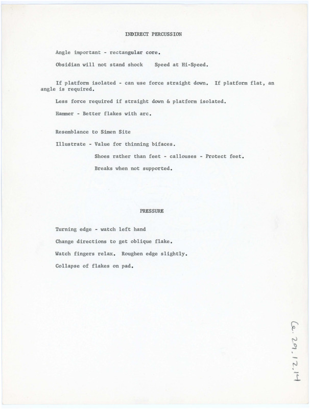 Typewritten instructions for filming indirect percussion and pressure flaking.