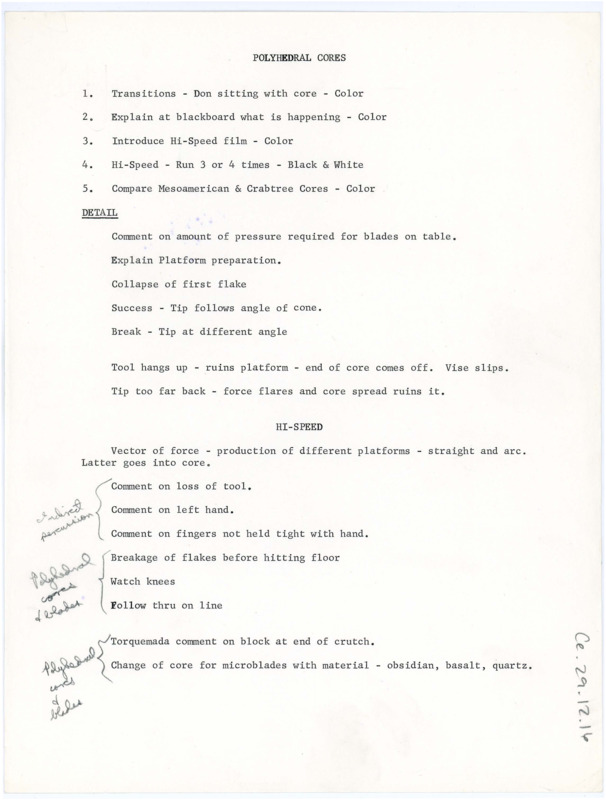 Typewritten instructions for filming polyhedral cores.