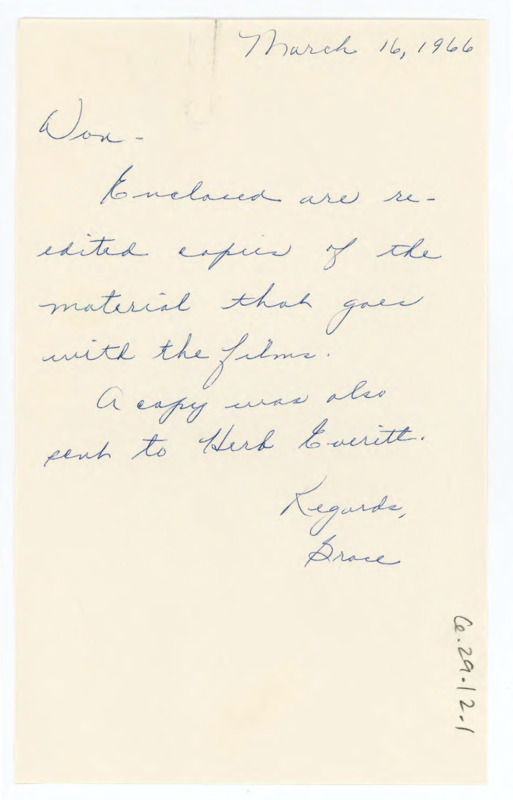 Handwritten letter from Grace to Donald Crabtree saying that she sent edited copies of the material that goes along with the films.