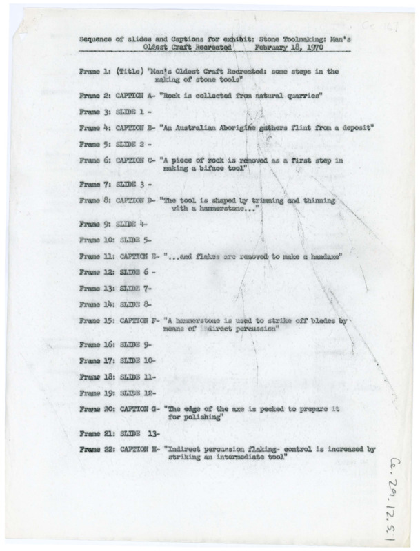 Typewritten list of slides with various captions for an exhibit.