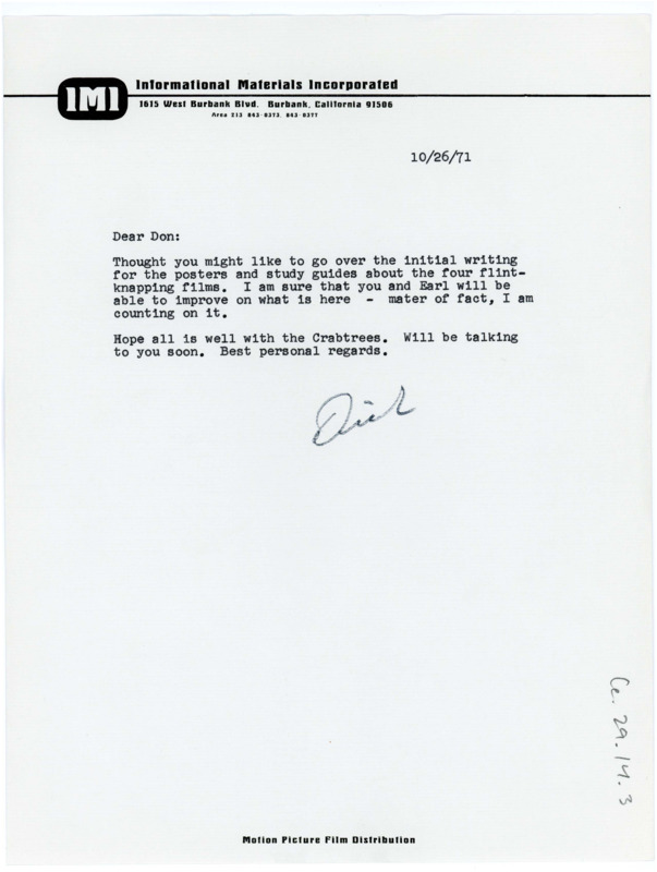 Typewritten letter from Richard Soltys to Donald Crabtree asking if he would like to go over the writing for the promotional posters for the films.