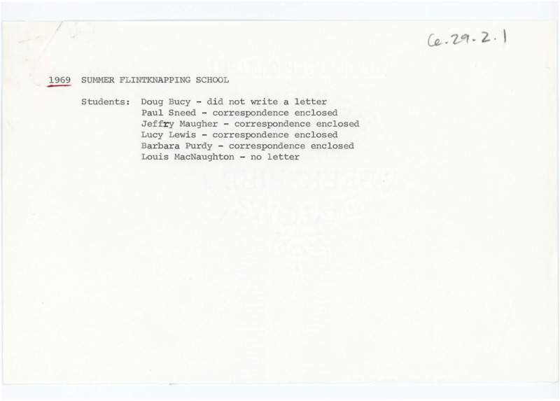 Typewritten list of all the students attending the 1969 Summer Flintknapping School and who wrote to Crabtree.