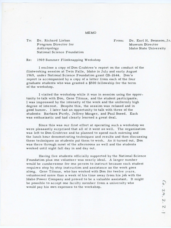 Typewritten memo from Earl Swanson to Richard Lieban with details of how the field school went and potential future plans to expand it.