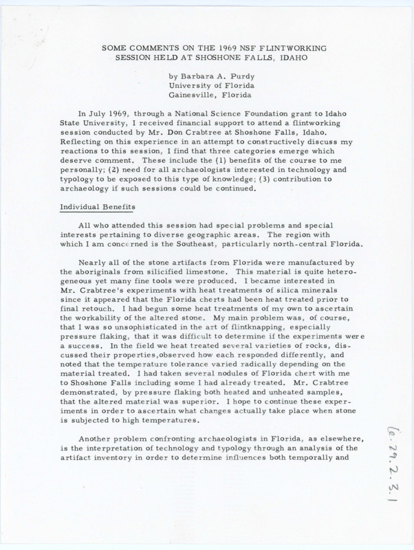 Typewritten paper written by Barbara Purdy addressing the benefits and contributions that the summer field school presents.