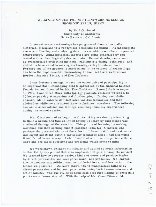 Typewritten paper written by Paul Sneed addressing the benefits and contributions that the summer field school presents.