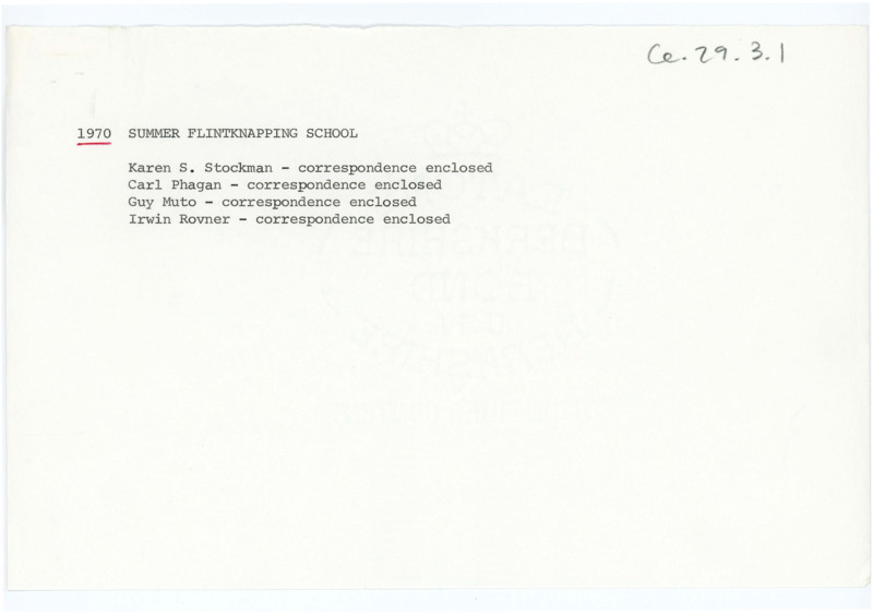 Typewritten list of all the students attending the 1970 Summer Flintknapping School and who wrote to Crabtree.