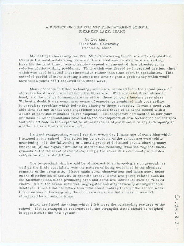 Typewritten paper written by Guy Muto detailing his experiences with the 1970 summer field school.