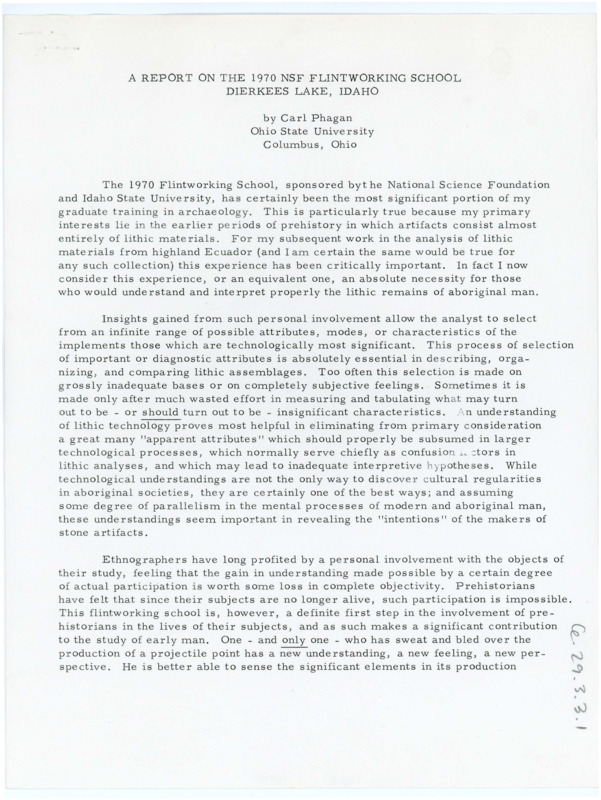 Typewritten paper written by Carl Phagan regarding the summer field school with its benefits and suggestions for improvements listed.