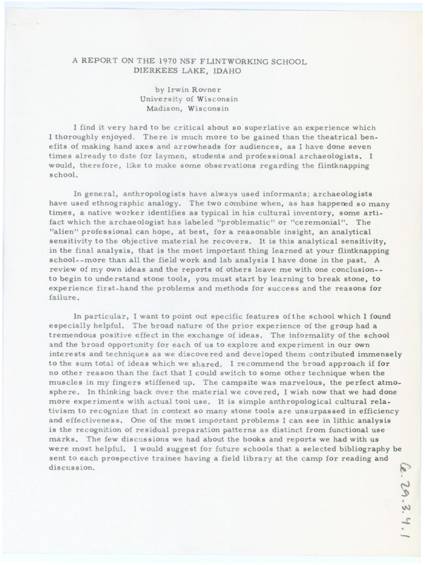 Typewritten paper written by Irwin Rovner regarding the summer field school with its benefits.