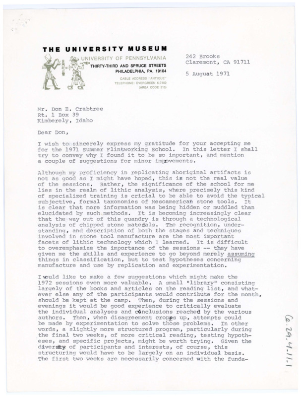 Typewritten letter from Payson Sheets to Donald Crabtree where he wrote to highlight important aspects of the field school and suggest some improvements.