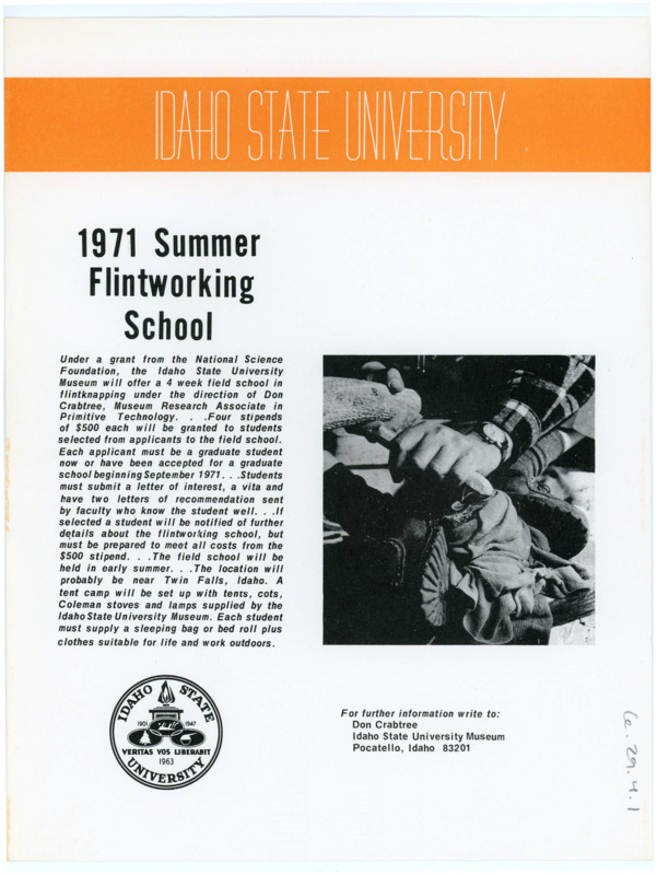 Typewritten flyer to promote the Idaho State University's 1971 Summer Flintworking School.