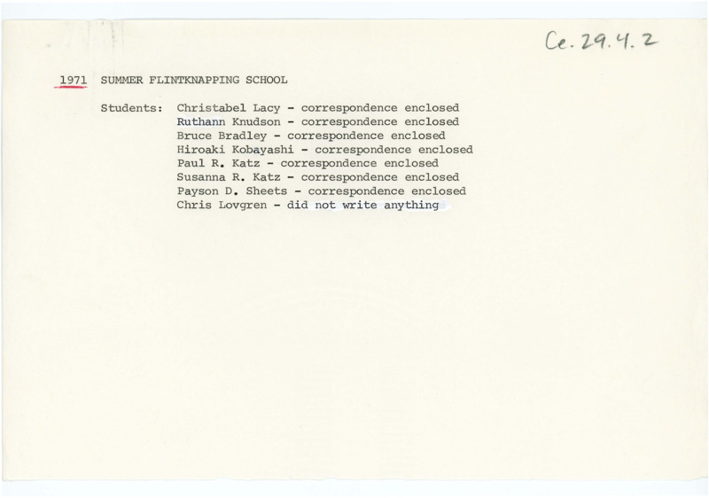 Typewritten list of all the students attending the 1971 Summer Flintknapping School and who wrote to Crabtree.