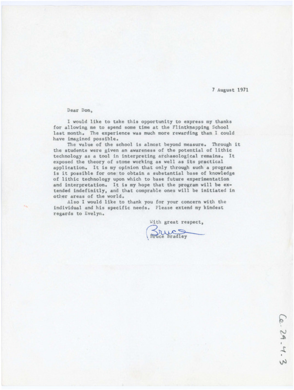 Typewritten letter from Bruce Bradley to Donald Crabtree regarding the summer field school.