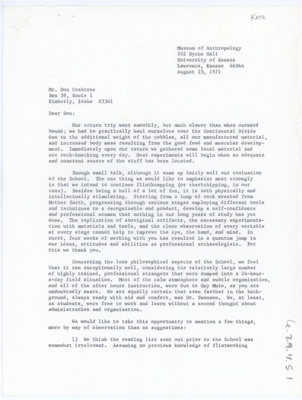 Typewritten letter from Susanna and Paul Katz to Donald Crabtree. They wrote to give their opinions on the summer field school and suggests improvements.