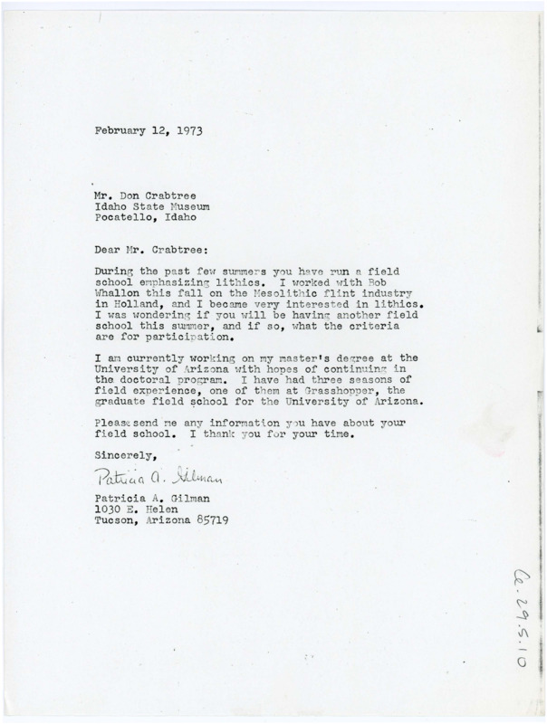 Typewritten letter from Patricia Gilman to Donald Crabtree inquiring about the lithic summer field school.