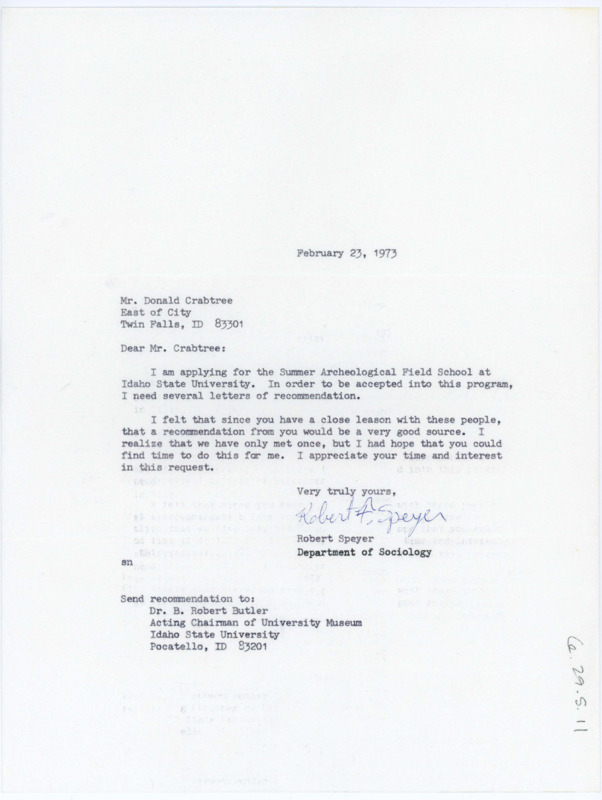 Typewritten letter from Robert Speyer to Donald Crabtree asking for a letter of recommendation for the summer field school.