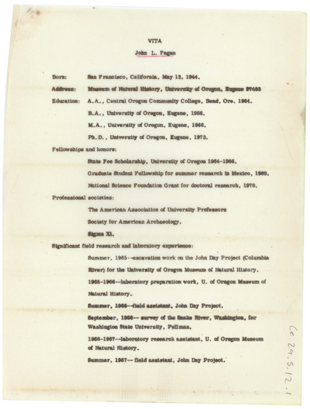 Typewritten vita for John L. Fagan including his education, memberships, fellowships, work and teaching experience, and publications.