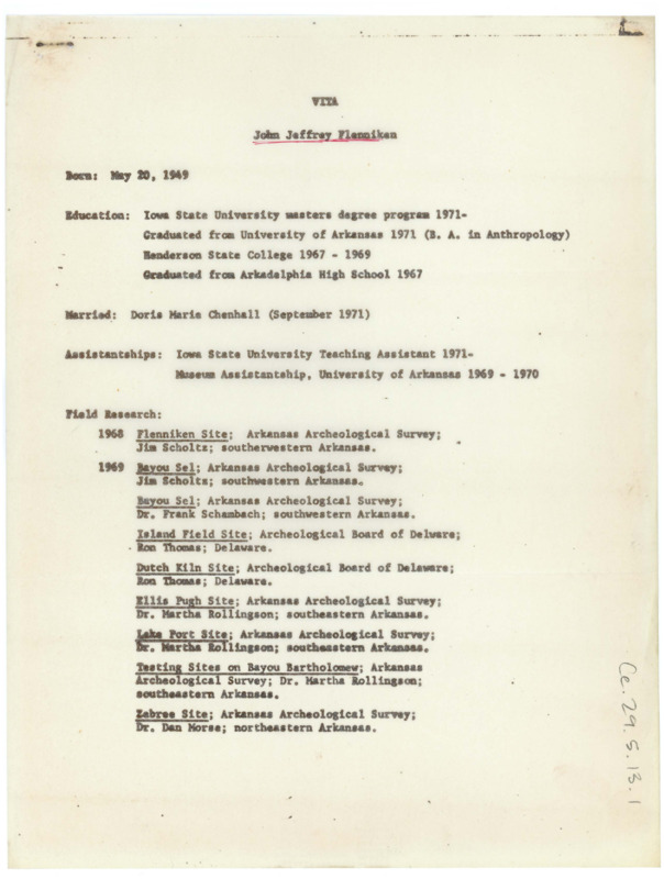 Typewritten vita for John Jeffrey Flenniken that includes his education, research, teaching experience, publications, and presentations.