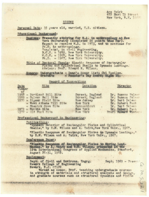 Typewritten resume for Are Tsirk including education, excavation work, and his background in engineering.