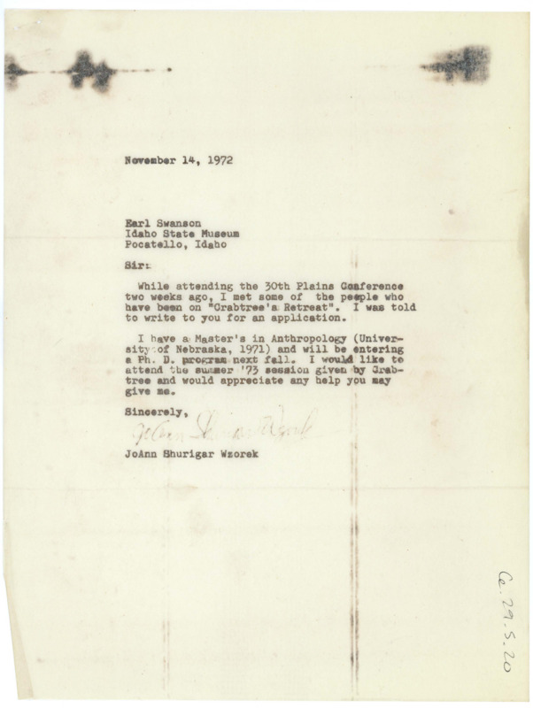 Typewritten letter from JoAnn Shurigar Wzorek to Earl Swanson inquiring about the summer lithic field school.