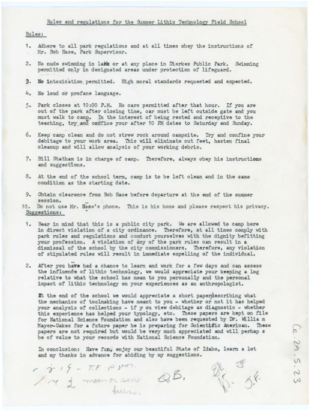 Typewritten list of rules for the summer field school that has initials written on the bottom of it.