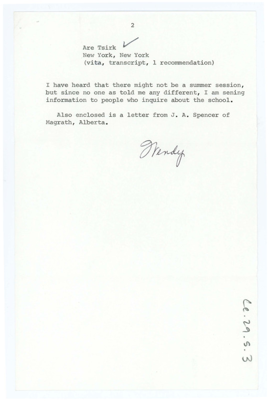 Typewritten letter from Wendy Kerbs to Donald Crabtree listing the names of potential field school applicants and what they've sent in. Continuation of B29_F5-Item2.