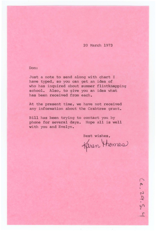 Typewritten letter from Karen Thomas to Donald Crabtree regarding the flintknapping school and the Crabtree Grant.