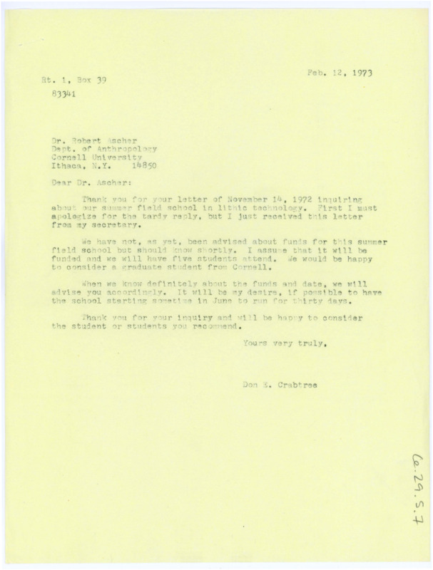 Typewritten letter from Donald Crabtree to Robert Ascher about the funding for the summer field school and about the student he wanted to recommend.