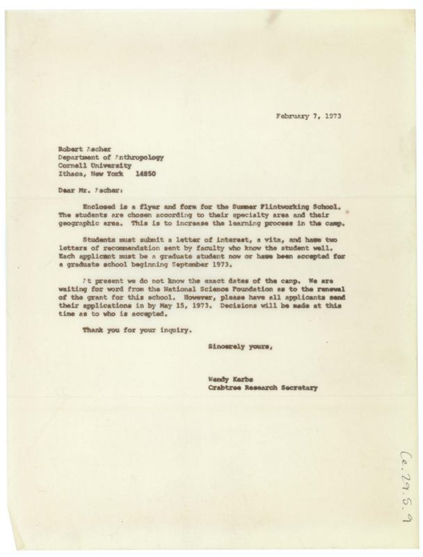 Typewritten letter from Wendy Kerbs to Robert Ascher with information for the summer field school and how to apply.