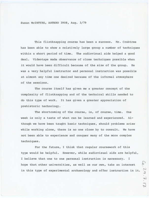 Typewritten evaluation of the summer lithic field school offered at Lethbridge University. Susan McIntyre praised the course and gave suggestions for improvement.